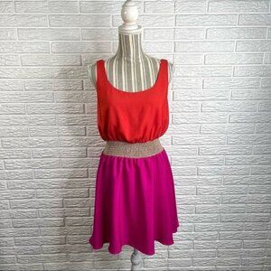 MM Courure by Miss Me Color Block Short Dress Orange Pink Tan Ruched Size Medium